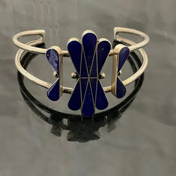 Vtg.SW NativeAmericanIndian Sterling Silver Cuff With Natural Lapis Gemstone. - Picture 3 of 5